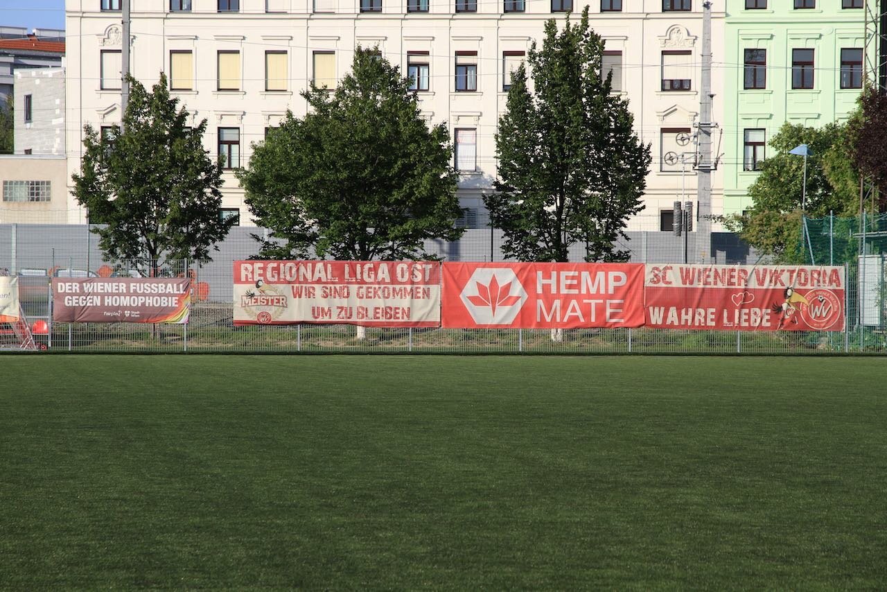 Banner: "Wiener Fußball gegen Homophobie", "Regionalliga Ost, wir sind gekommen um zu bleiben", "Hemp Mate", "SC Viktoria - Wahre Liebe"